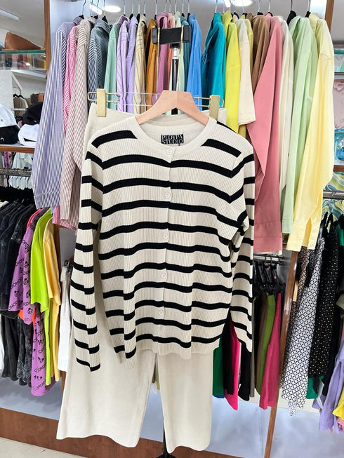 PLOYPA Casual Strip Cardigan With Loose Wide Leg Pants